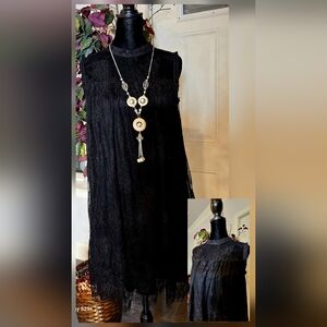 Black Lace Babydoll Mini Dress Sheer Cap Sleeve Keyhole Back Size MEDIUM